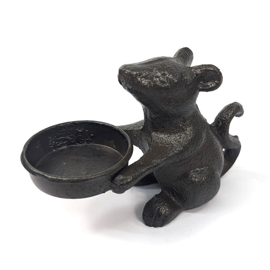Cast iron mouse tea light holder with round candle dish and curled tail