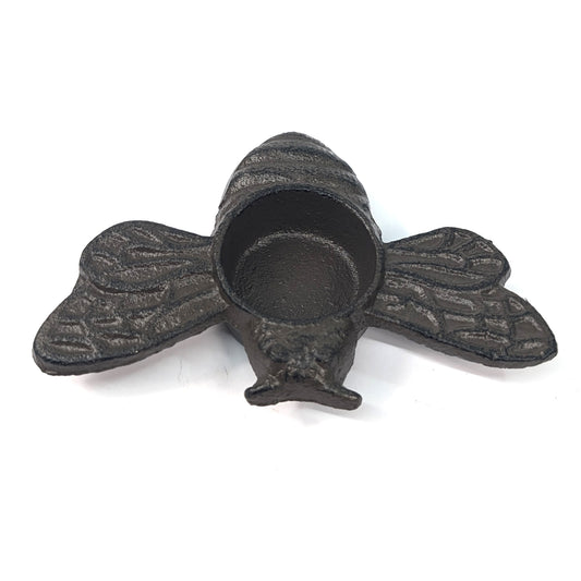 Cast iron bumble bee tea light holder with spread wings and central candle cup, front view