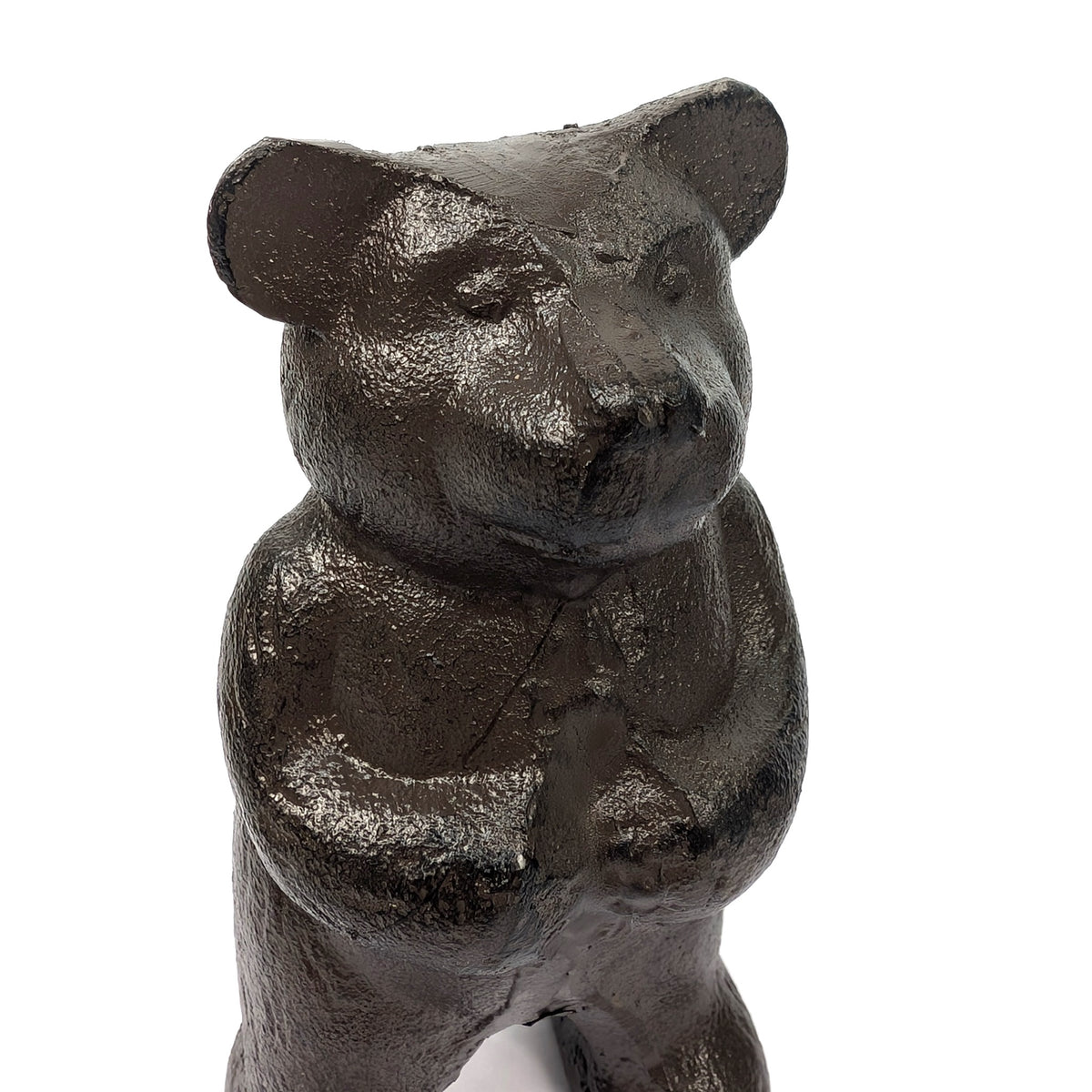 Close-up of the standing bear bookend's face and cast iron detail