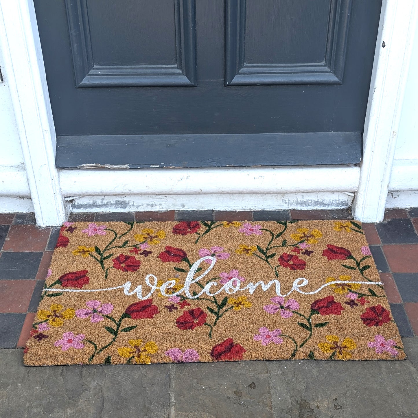Coir Door Mat - 45x75cm - Welcome Flowers