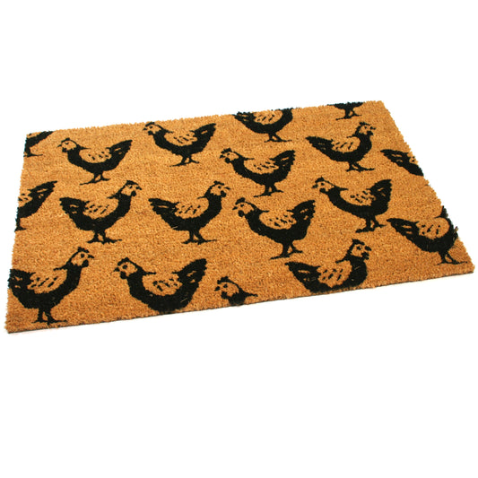 Country Chic Coir Door Mat with Repeating Chicken Pattern | 75cm x 45cm | Durable, Slip-Resistant, and Eco-Friendly