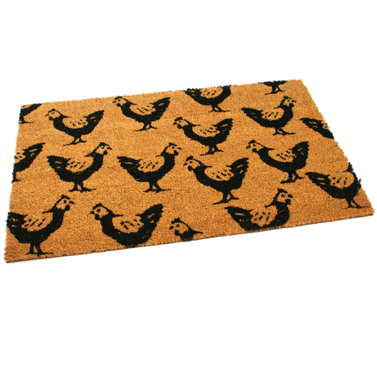 Country Chic Coir Door Mat with Repeating Chicken Pattern | 75cm x 45cm | Durable, Slip-Resistant, and Eco-Friendly