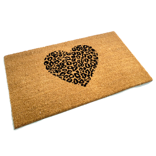 Animal Print Heart Coir Door Mat | 75cm x 45cm | Durable, Slip-Resistant, and Eco-Friendly