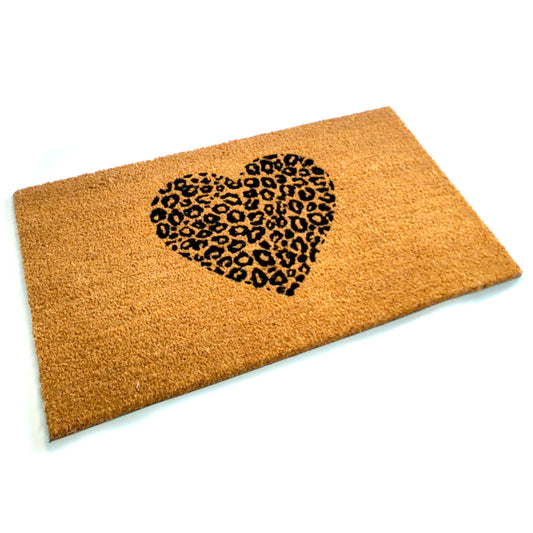 Animal Print Heart Coir Door Mat | 75cm x 45cm | Durable, Slip-Resistant, and Eco-Friendly