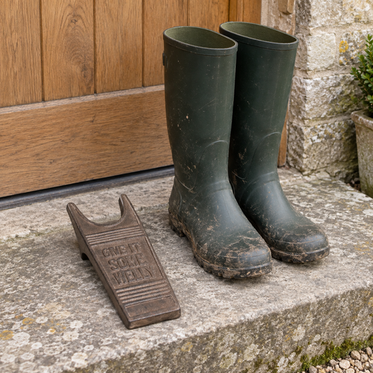 Cast iron boot pull beside green wellington boots outside a wooden farmhouse door