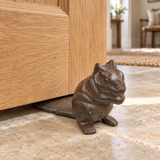 Cast iron squirrel door stop with its tail beneath an open oak door