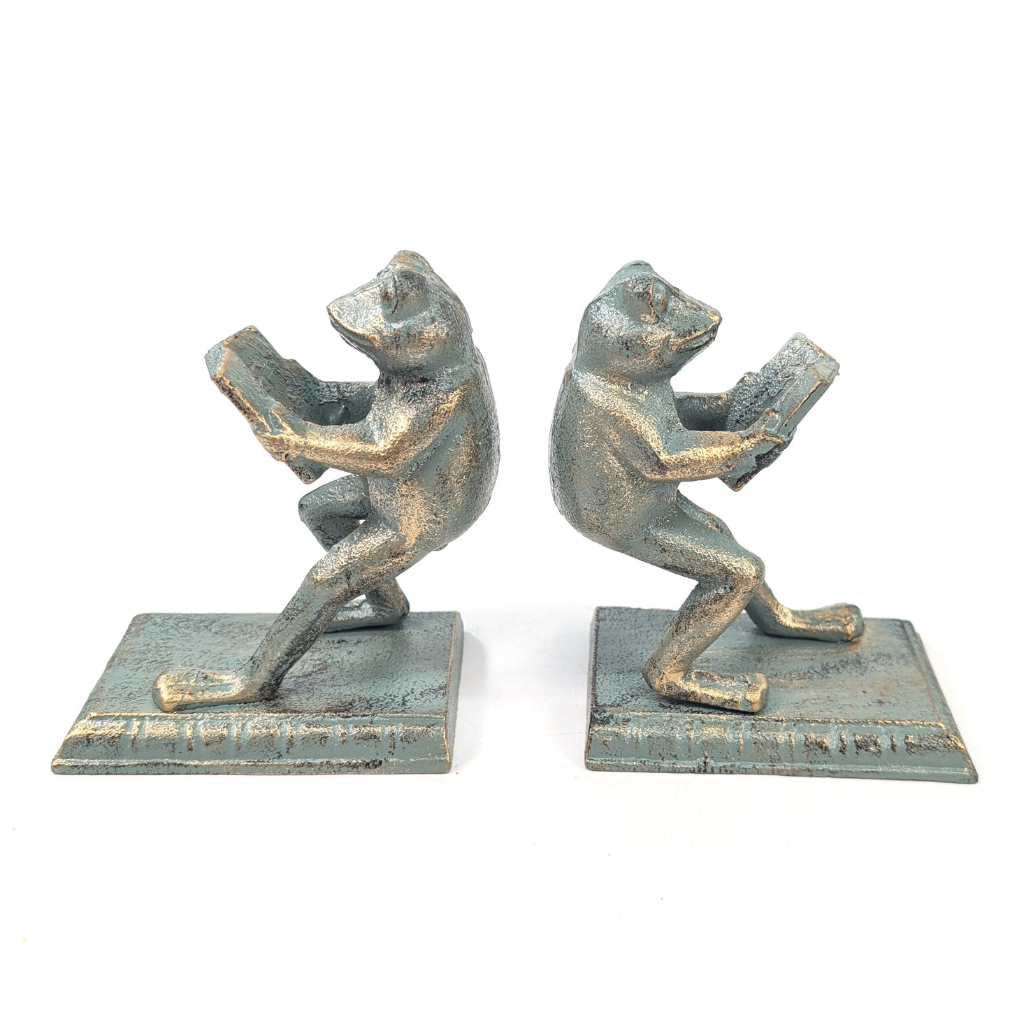 Two metal frog bookends made from durable cast iron