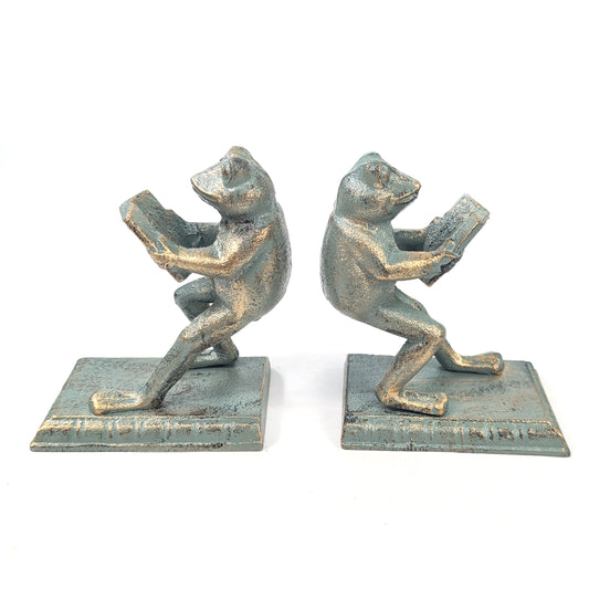 Two metal frog bookends made from durable cast iron