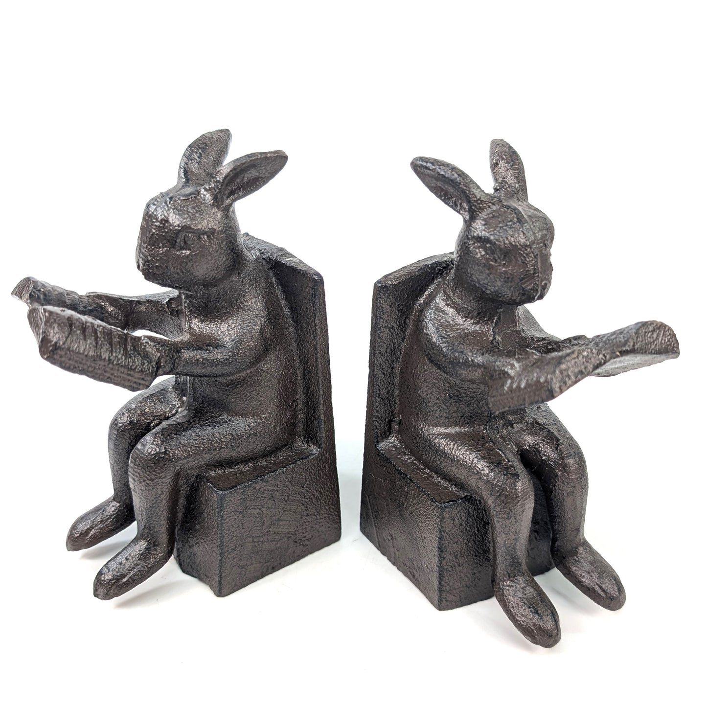 Cast iron reading rabbit bookends with detailed books