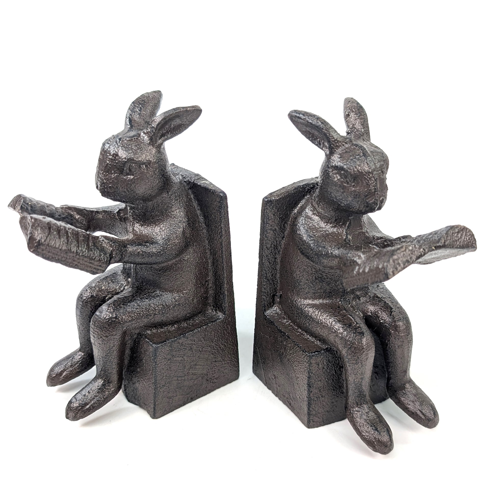 Cast iron reading rabbit bookends with detailed books