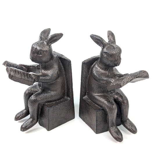 Cast iron reading rabbit bookends with detailed books