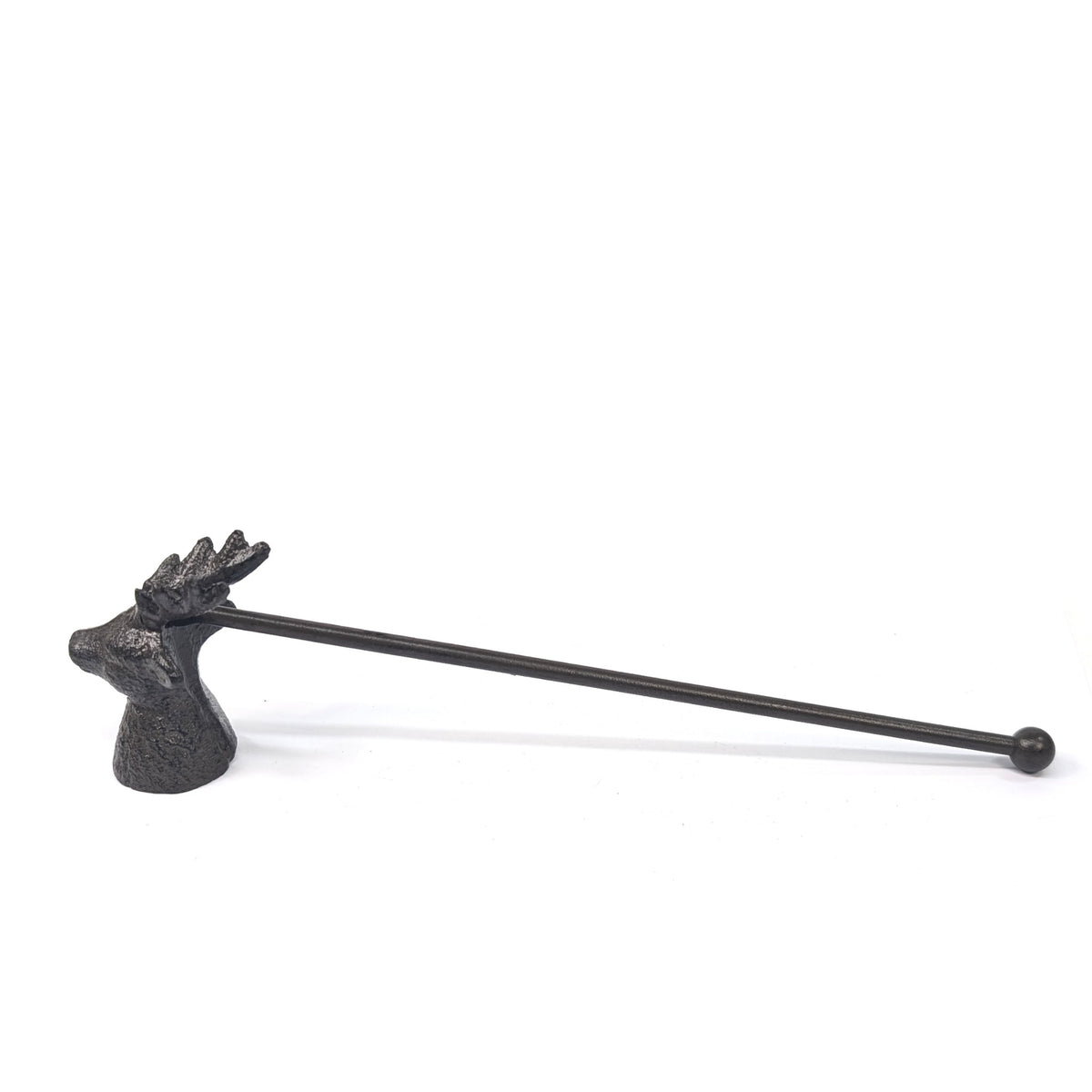 Full side view of the cast iron stag candle snuffer and long handle