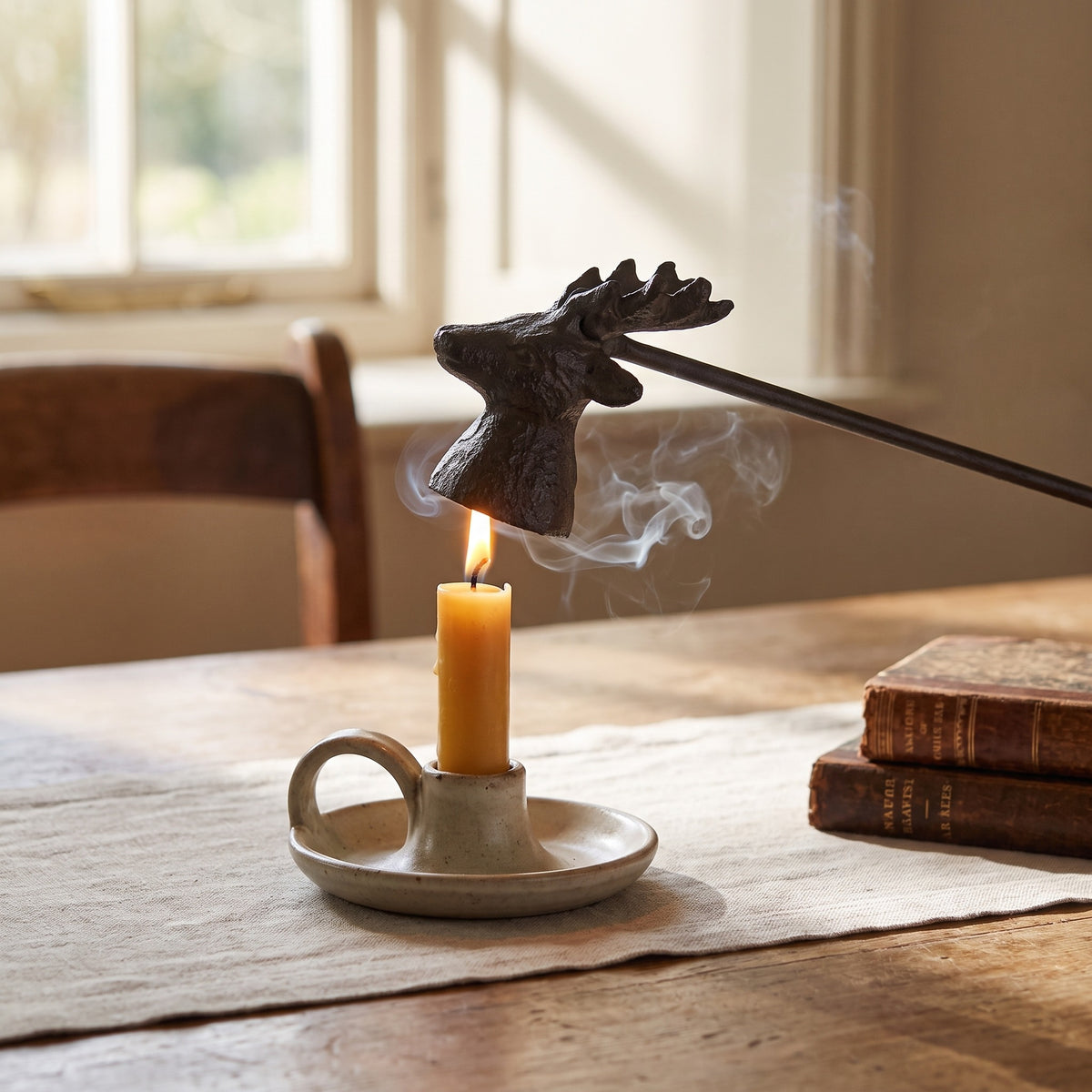 Cast iron stag candle snuffer positioned above a candle flame