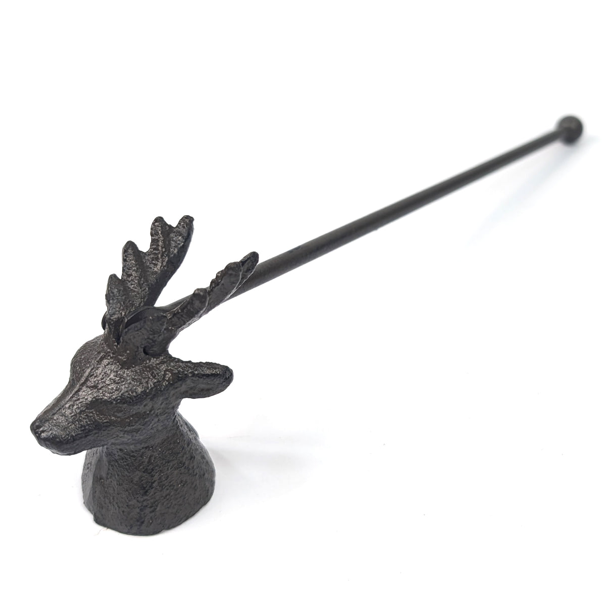 Angled view of the stag candle snuffer showing antlers and handle