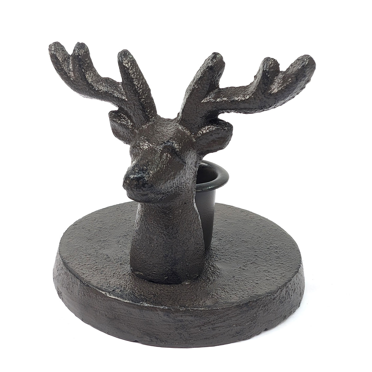 Cast iron stag candle holder with antlers and round base