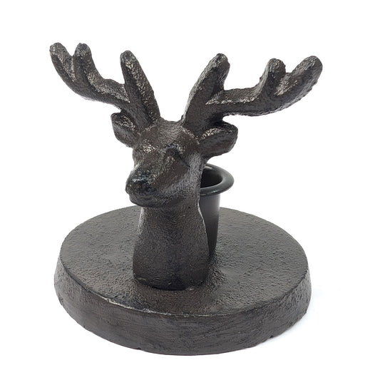 Cast iron stag candle holder with antlers and round base