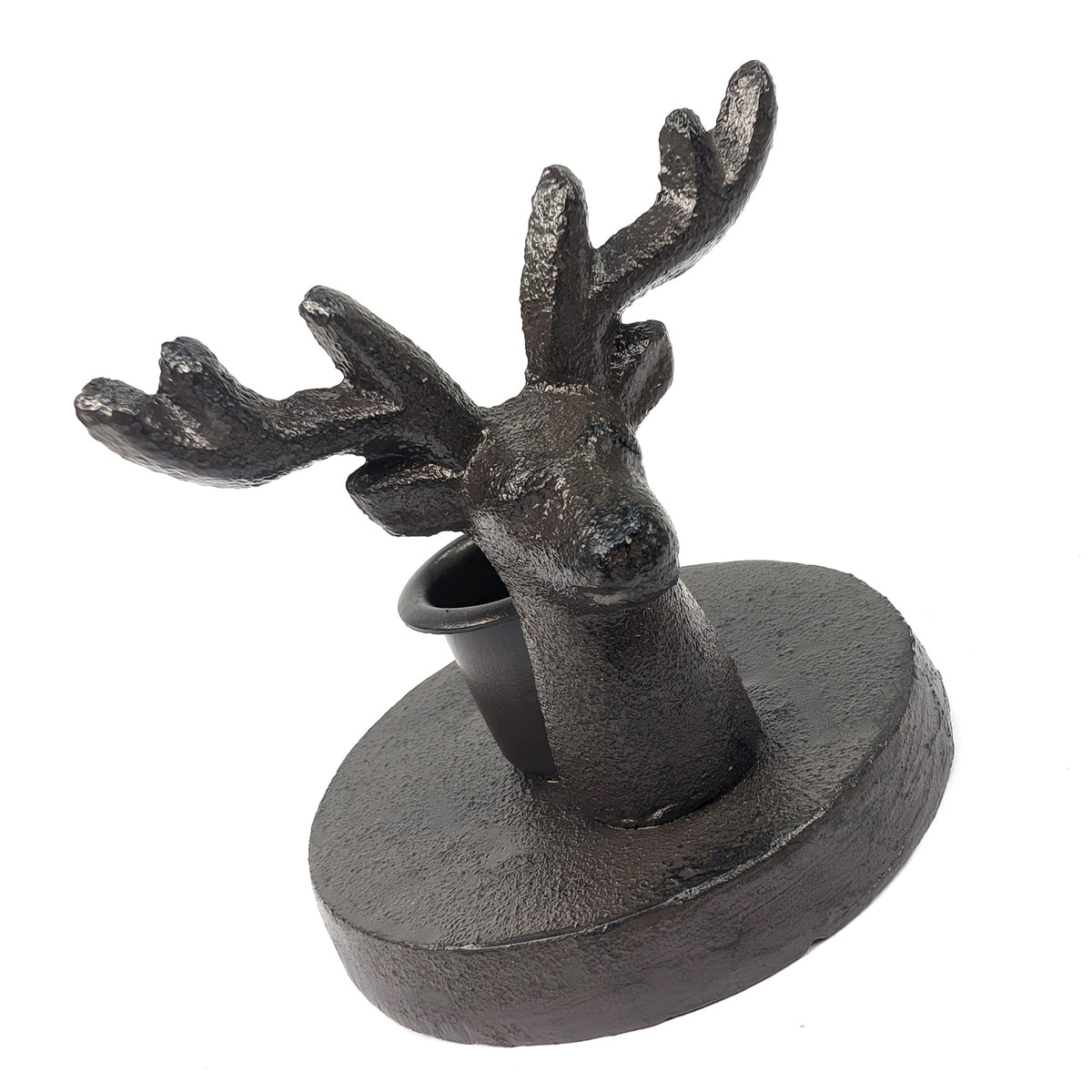 Angled close-up of the stag head candle holder