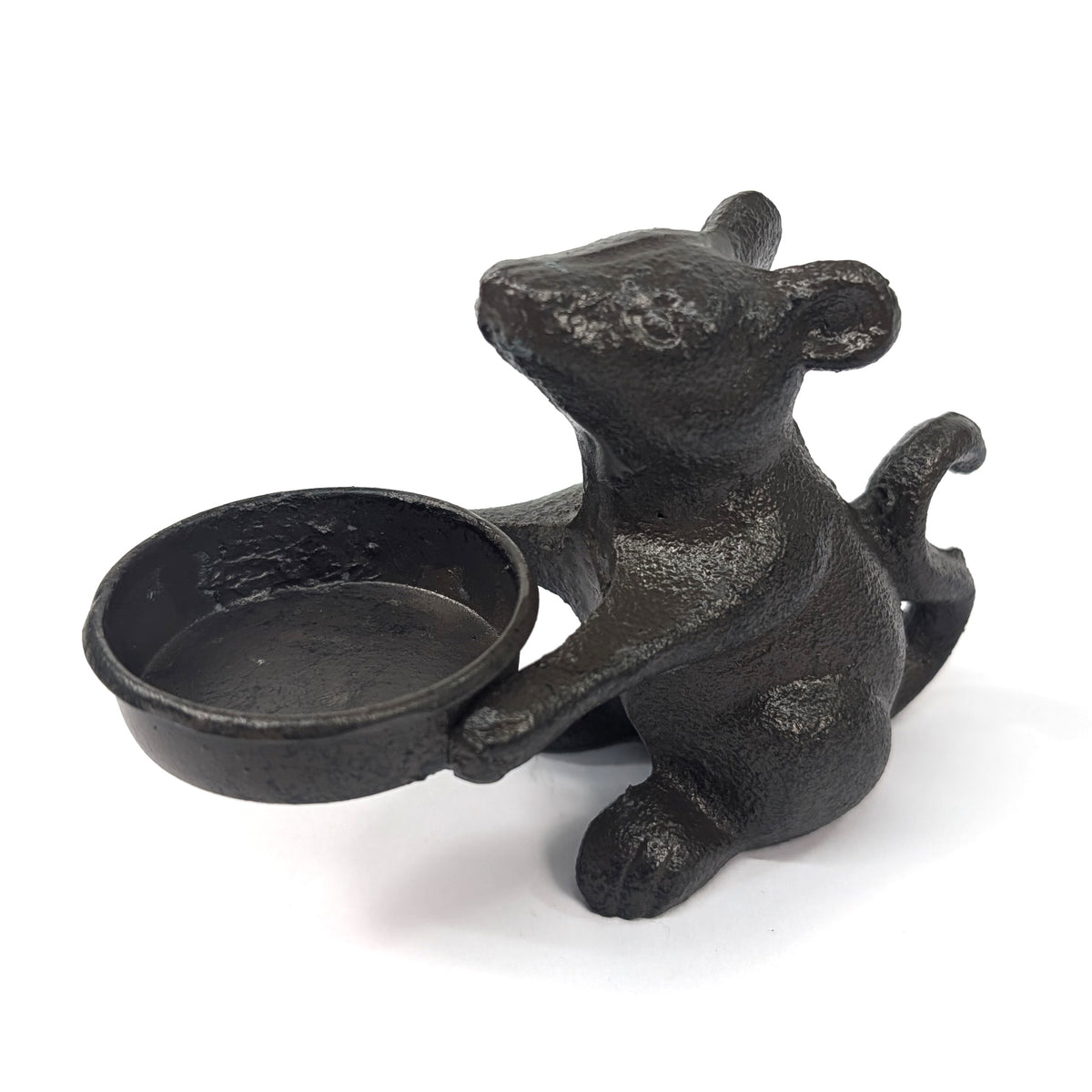Cast iron mouse tea light holder with round candle dish and curled tail