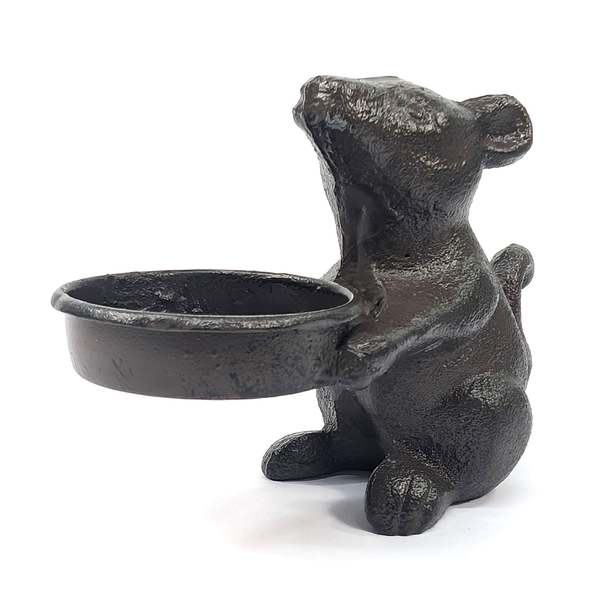 Front angle of the cast iron mouse holding its tea light dish