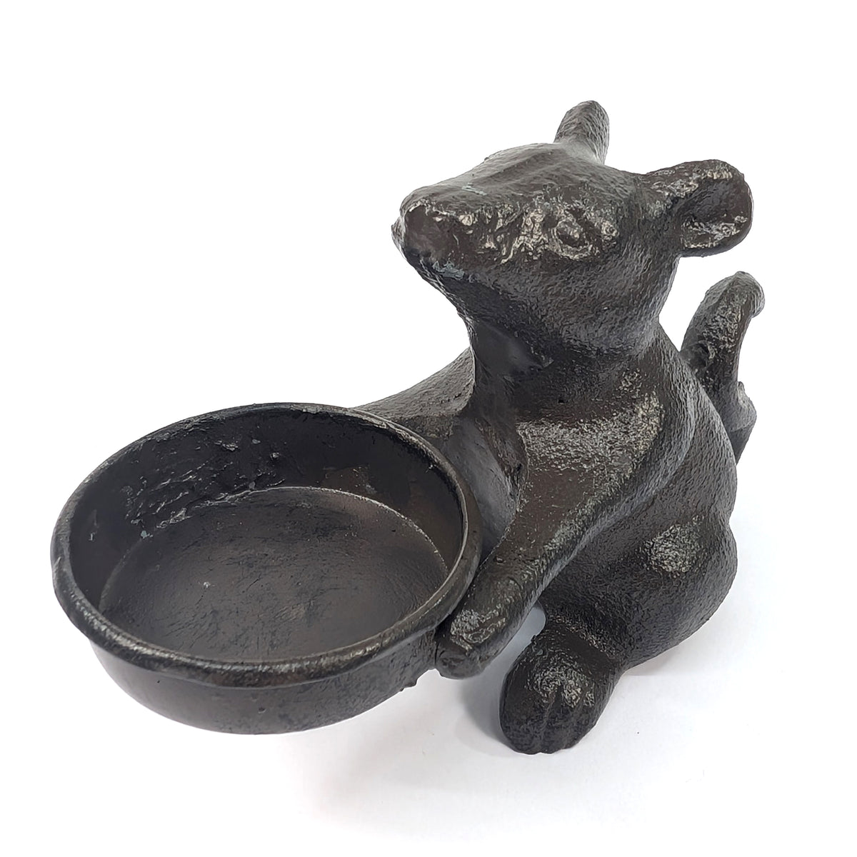 Angled view of the mouse tea light holder showing its empty dish