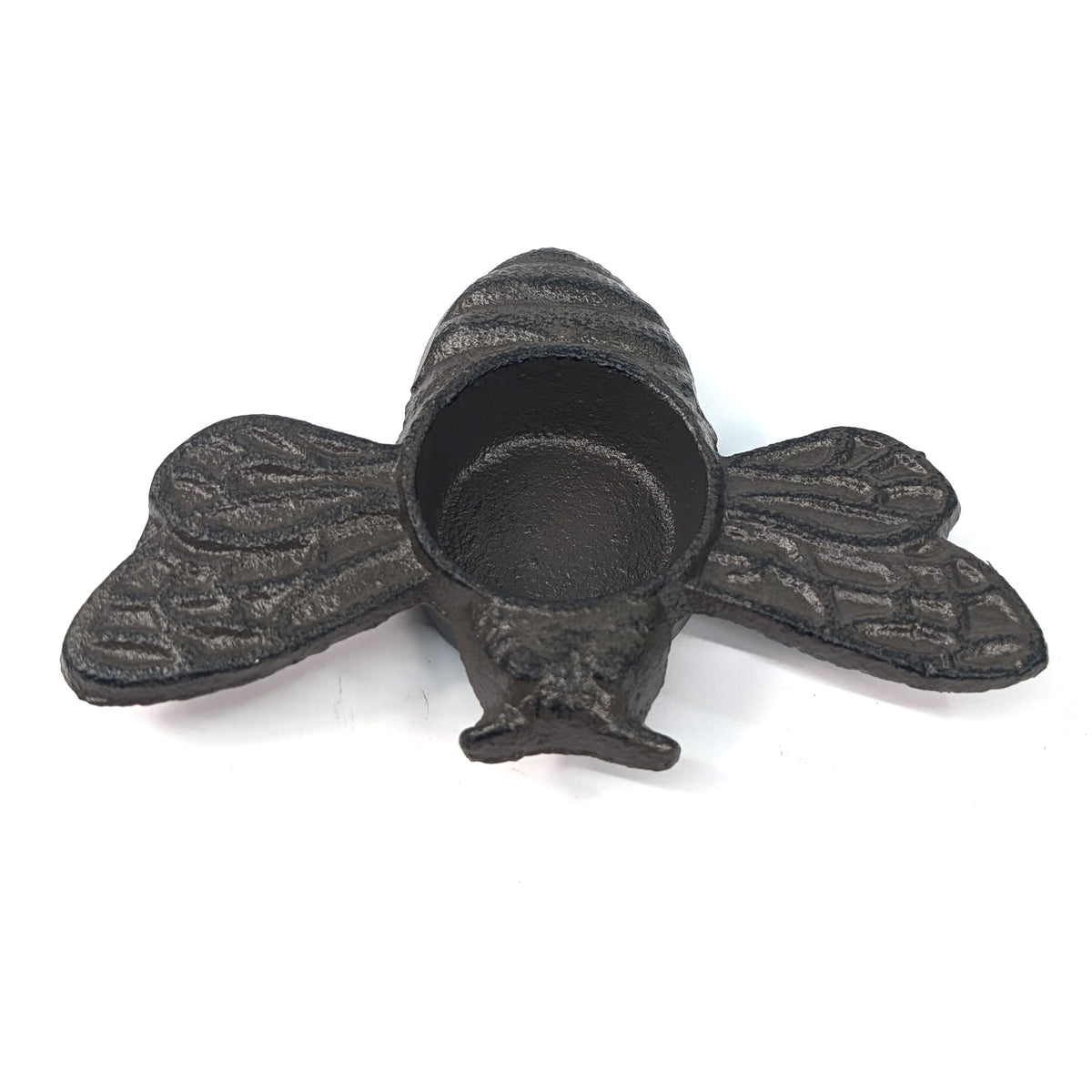 Cast iron bumble bee tea light holder with spread wings and central candle cup, front view