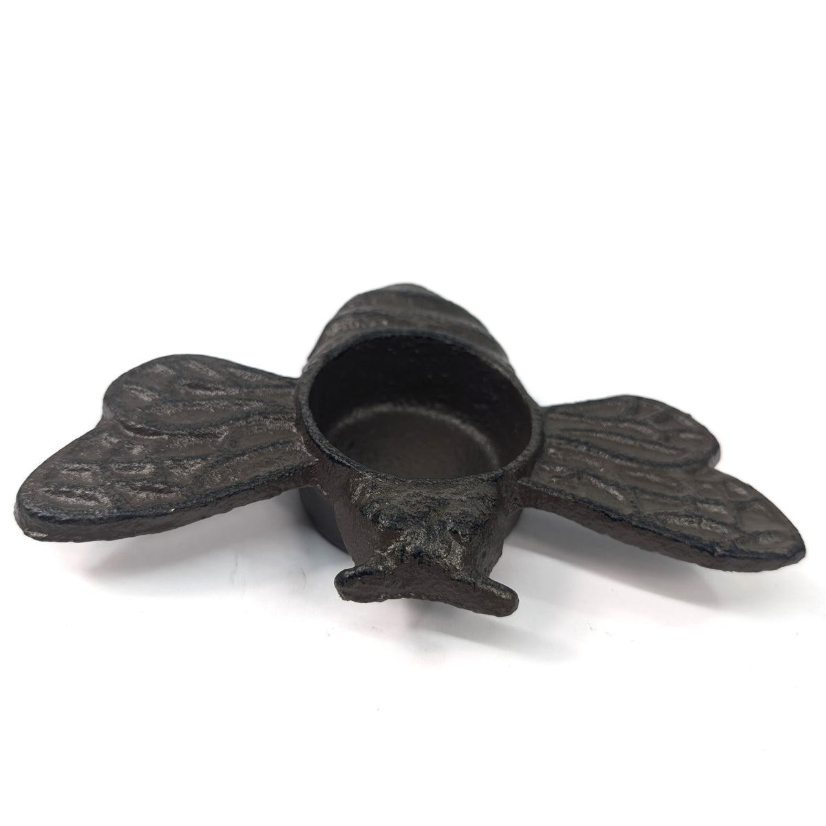 Bee tea light holder showing textured wings, antennae and empty candle cup