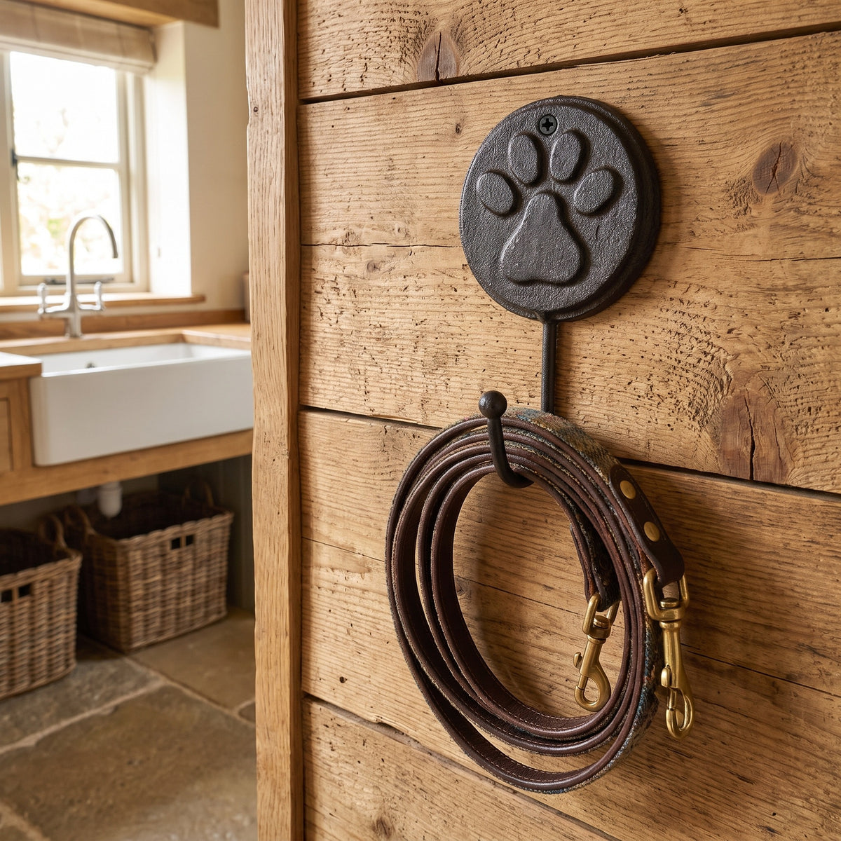Paw wall hook holding dog leads in a farmhouse utility room