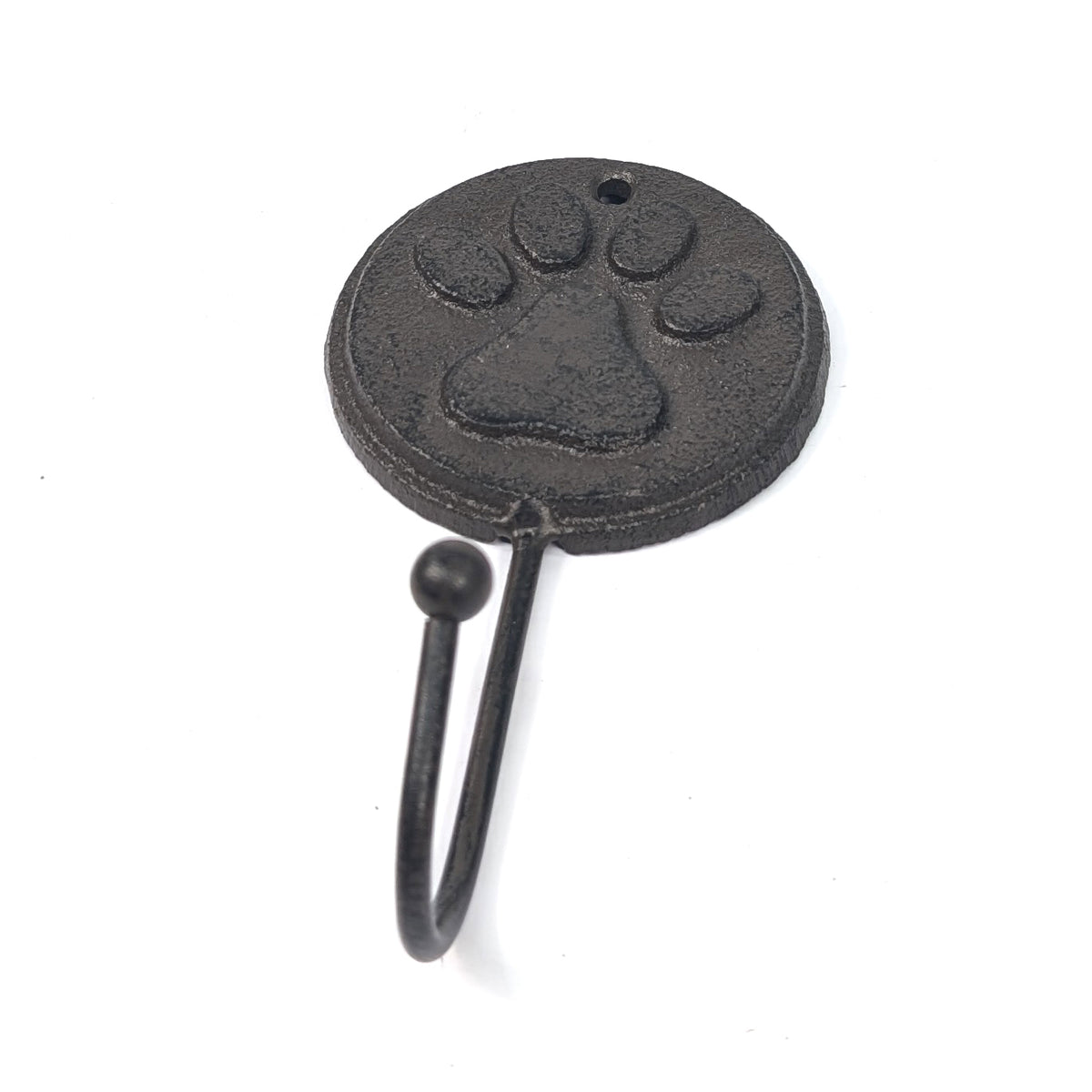 Angled view of the paw print cast iron wall hook