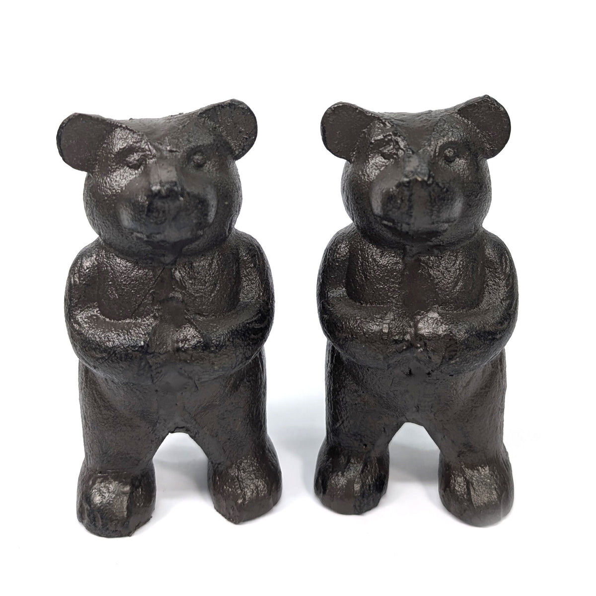 Pair of standing bear cast iron bookends viewed from the front