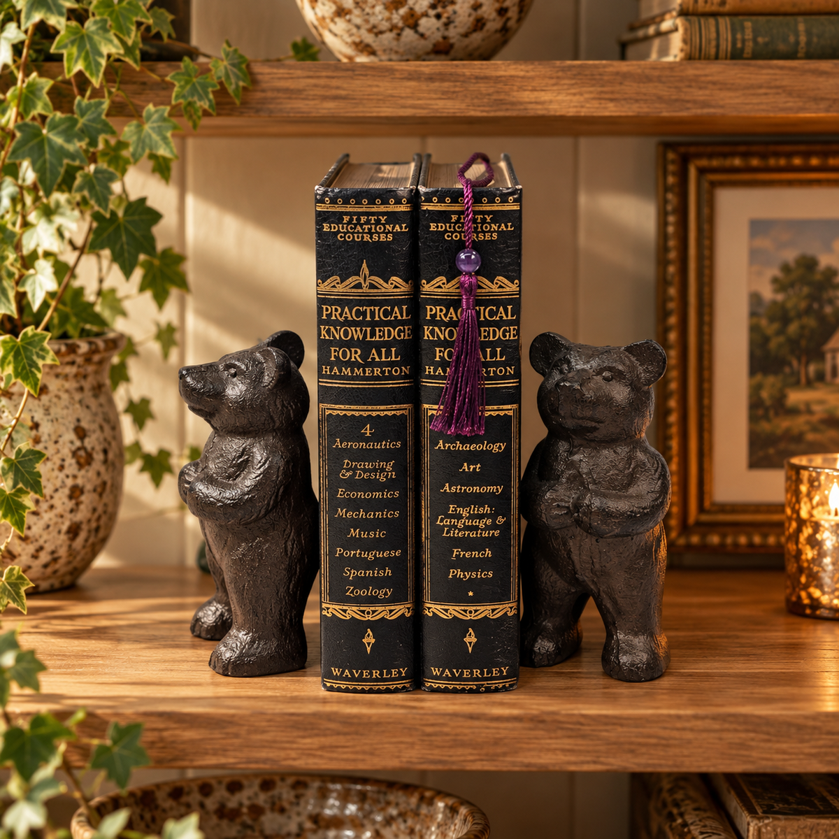 Standing bear bookends holding books on a farmhouse wooden shelf