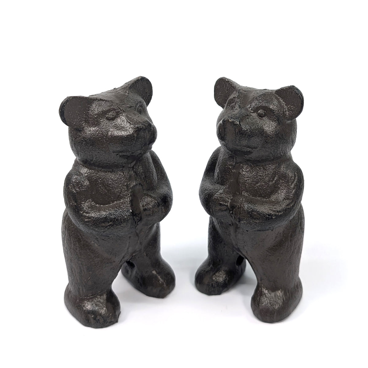 Pair of dark cast iron standing bear bookends viewed at an angle