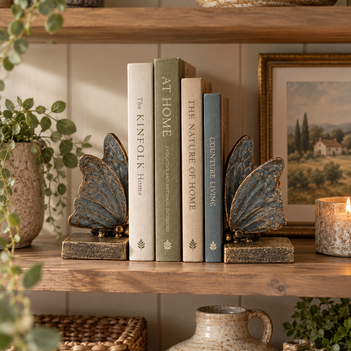 Blue butterfly bookends holding books on a wooden farmhouse shelf