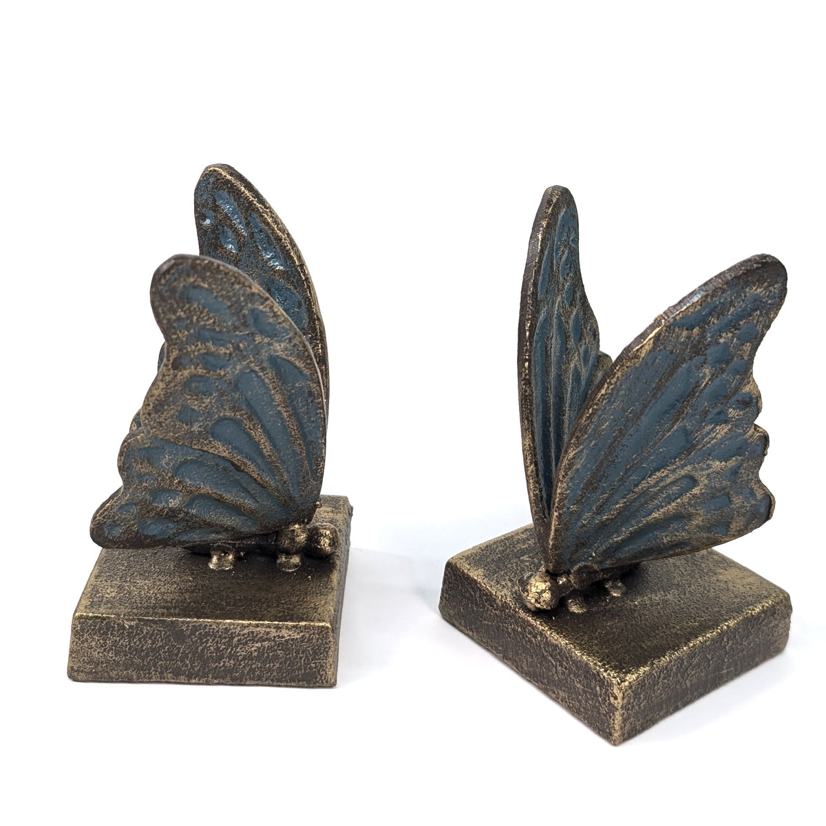 Front view of the turquoise and gold butterfly bookend pair