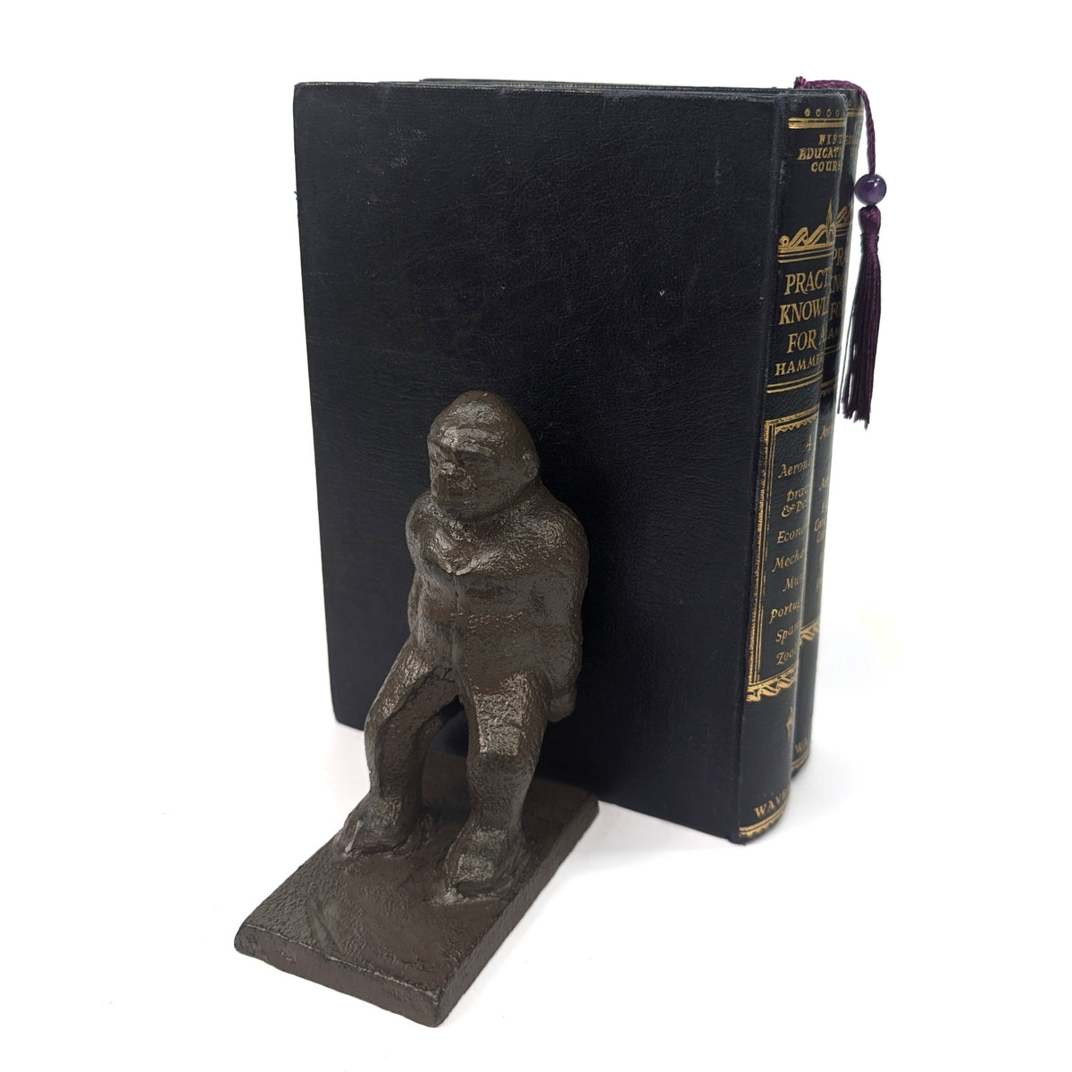 Gorilla bookend leaning back against books