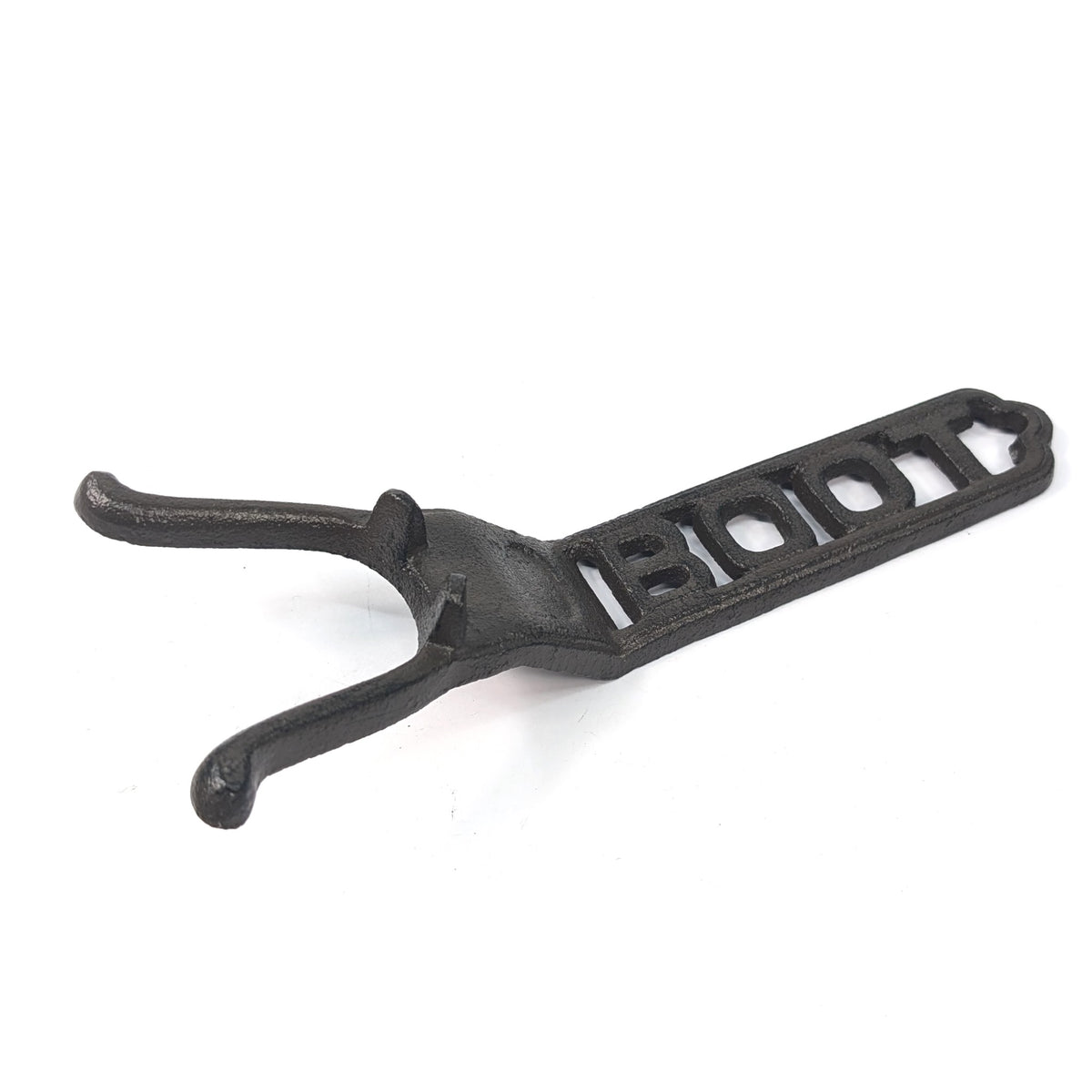 Angled view of the cast iron boot pull with BOOT lettering