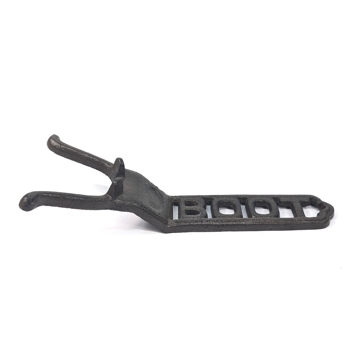 Cast iron boot pull showing its raised heel cradle and BOOT design