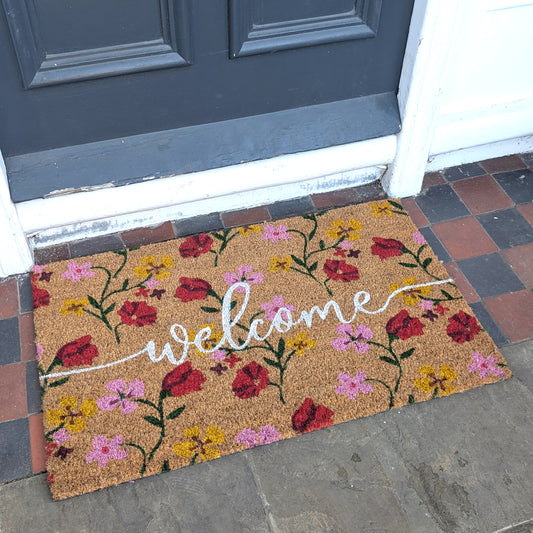 Coir Door Mat - 45x75cm - Welcome Flowers