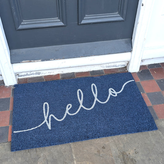 Blue “Hello” Coir Door Mat | 75 x 45cm | Sparkly Silver Script | Durable & Slip-Resistant