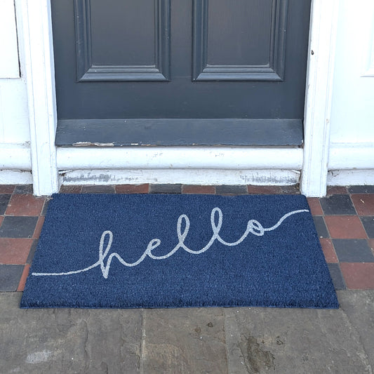 Blue “Hello” Coir Door Mat | 75 x 45cm | Sparkly Silver Script | Durable & Slip-Resistant