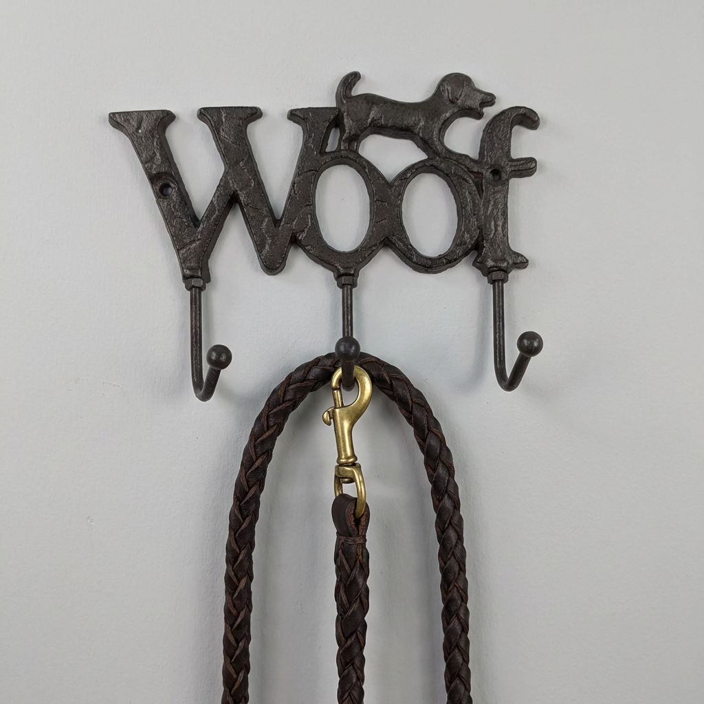 Decorative metal hook with 'WOOF' and dog illustrations on a gray background