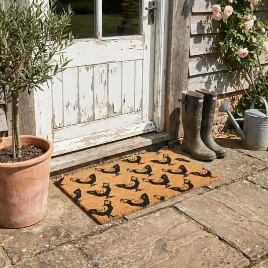 Country Chic Coir Door Mat with Repeating Chicken Pattern | 75cm x 45cm | Durable, Slip-Resistant, and Eco-Friendly